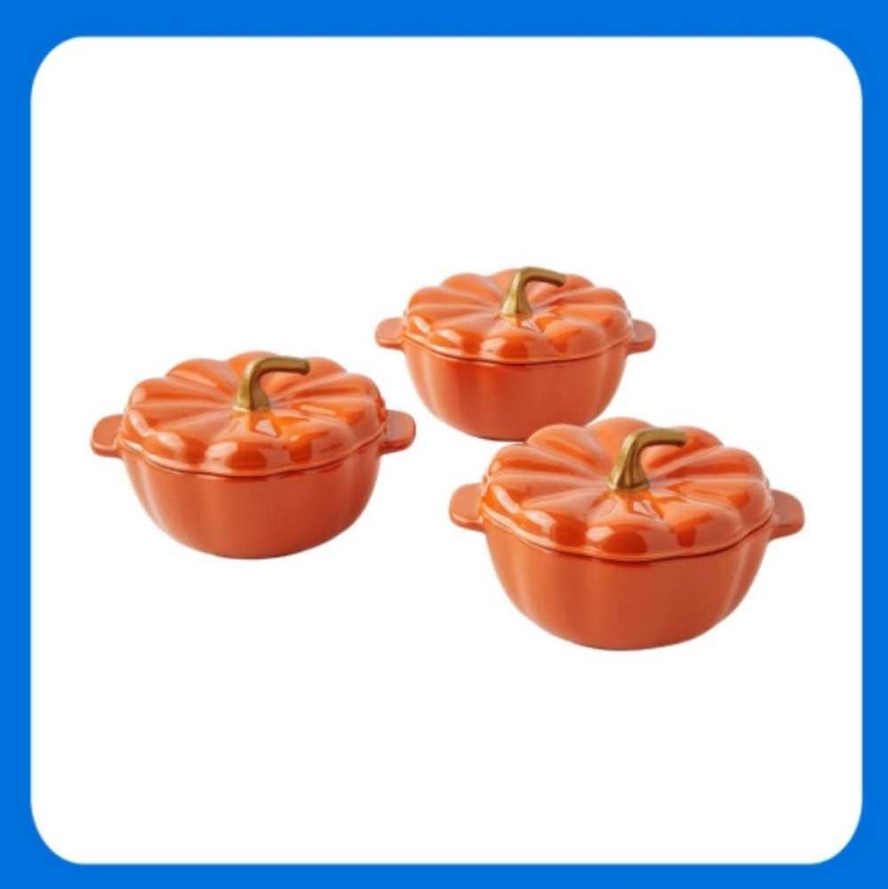 ❤️ New Pioneer Woman Pumpkin Orange 13.5 Oz Mini Cocottes 3-Piece Set